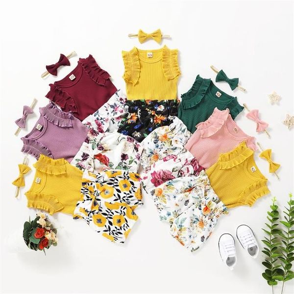 Conjuntos de roupas de bebê menina 12-18 meses infantil meninas sem mangas macacão floral shorts calças verão roupas de criança 3 peças roupas2731