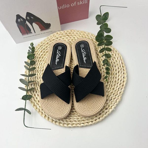 Chinelos verão estilo étnico cruz tecido elegante e simples imitação grama tecer mulheres sapatos de praia sandálias