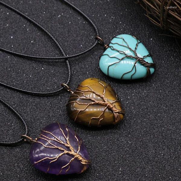 Collane con ciondolo Cuore d'amore Albero della vita Pendenti in cristallo Avvolgimento di filo Conchiglia di abalone Opale Viola Quarzo rosa Pendolo Donna Gioielli Reiki