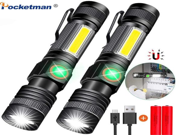 Lanterna recarregável USB 8000LM Lanterna LED magnética super brilhante com Cob Sidelight um clipe de bolso com zoom para camping 2103224484341