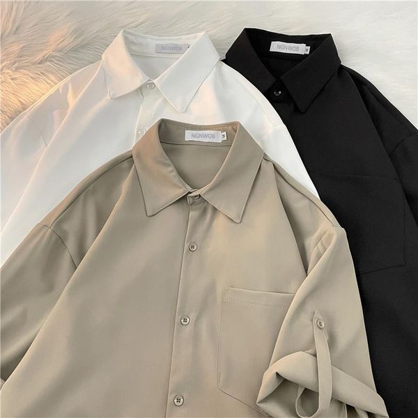Camisas casuais masculinas de manga curta outono topos soltos mangas de três quartos gola aberta de três quartos cor sólida