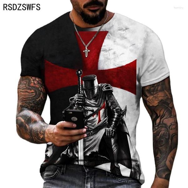 Erkek Tişörtleri Samurai Desen Şövalyeleri Templar 3D Baskı T-Shirt Retro Stil Avrupa ve Amerikan Sokak Kısa Kollu Gömlek Erkek Tees