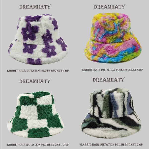 Cappelli a tesa larga Cappelli a secchiello Fiore Tie Dye Cappello a secchiello Peluche Panama Donna Outdoor Tenere al caldo Autunno Inverno Stile coreano Moda Protezione per le orecchie Cappello da pescatore 231009