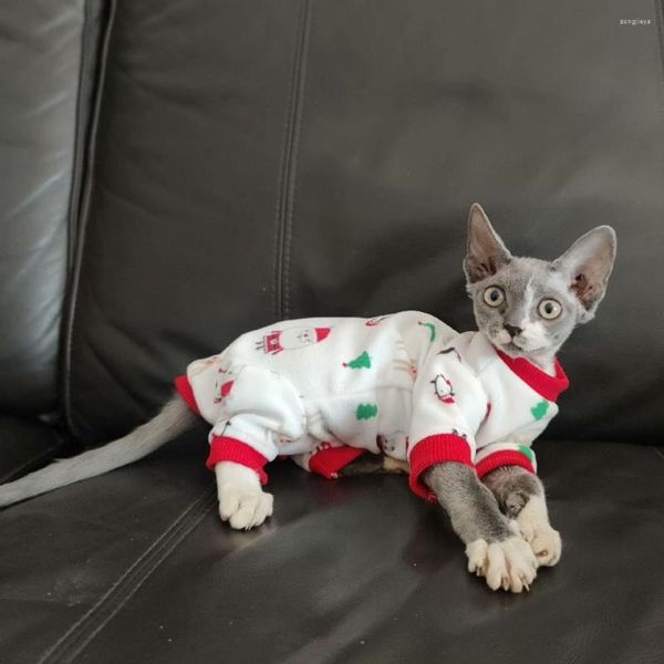 Katzenkostüme Weihnachtsmann-Kostüm für Sphynx Warmer Pullover Haarloser Winter-Fleecemantel Devon Rex 4-beiniger Overall Haustier