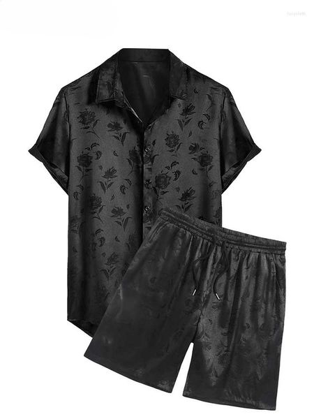 Herren-Trainingsanzüge, zweiteiliges Set, Jacquard, seidiger Satin, Blumendruck, Rosenmuster, kurzärmliges Hemd mit elastischen Shorts mit mittlerer Taille, S-5XL