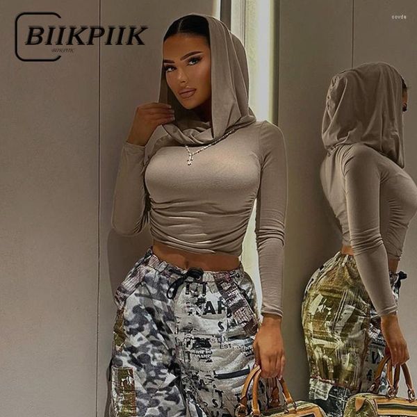 Женские футболки BIIKPIIK, однотонный лаконичный укороченный топ с длинными рукавами, повседневные женские футболки с капюшоном, облегающие осенние модные эстетичные базовые одежды