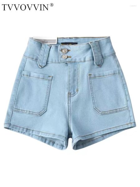 Shorts femininos tvvovvin cintura alta dois botões luz azul denim 2023 verão menina picante hip slim fit calças de moda ainq