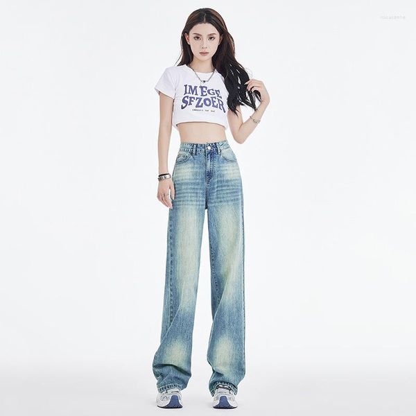 Damenjeans Retro Himmelblau Hohe Taille Für Frauen 2023 Frühherbst Abnehmen Lose Breite Beinnähte Mopphose Mode