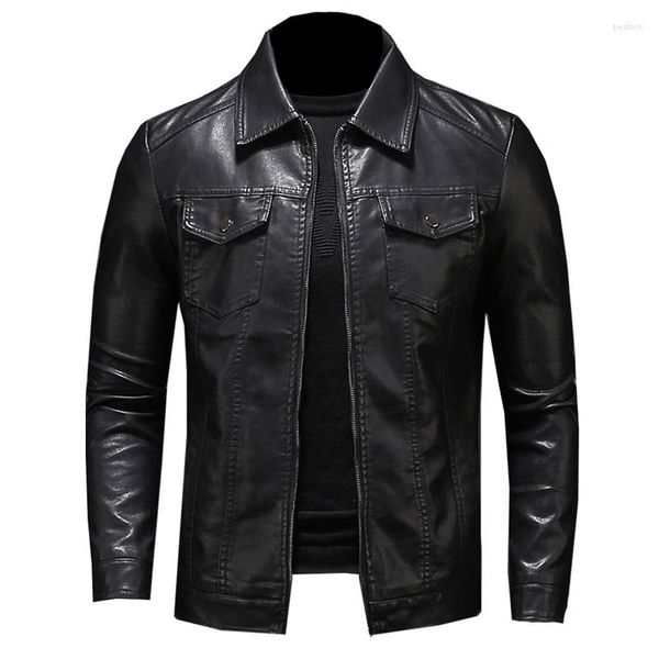 Jaquetas masculinas jaqueta de couro da motocicleta tamanho grande bolso preto zíper lapela fino ajuste masculino primavera e outono alta qualidade casaco pu M-5Xl
