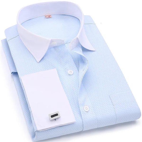 Camicie eleganti da uomo 2023 Gemelli francesi da uomo Colletto bianco Design Tinta unita Tessuto jacquard Camicia a maniche lunghe da uomo gentiluomo 231009