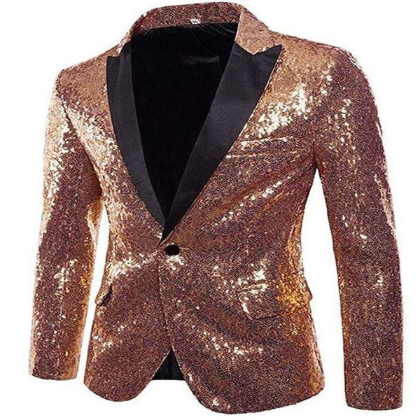 Lindo casaco masculino de ouro rosado, jaqueta brilhante com lantejoulas, blazer de um botão, smoking para festa de casamento, banquete, baile200s