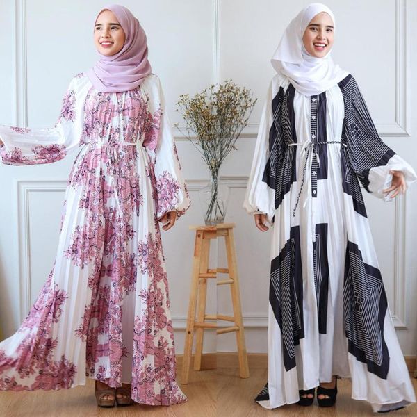 Ethnische Kleidung Indonesischer Druck Crinkle Muslim Robe Jilbab Abaya Ramadan Mode Lose Langarm Kleid Damen Abayas