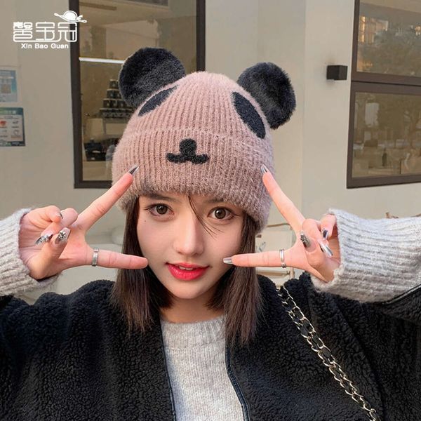 9951 Outono/Inverno Edição Coreana Panda Tricotado Lã Show Face Pequeno Pulôver Moda Chapéu com Gorro de Proteção de Orelha Quente de Pelúcia para Crianças