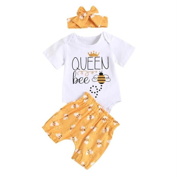 Set di abbigliamento Set di vestiti per neonate Stampa di lettere Manica corta O-Collo Pagliaccetto Ape Pantaloncini con fiocco Fascia per capelli per bambini Summ231i