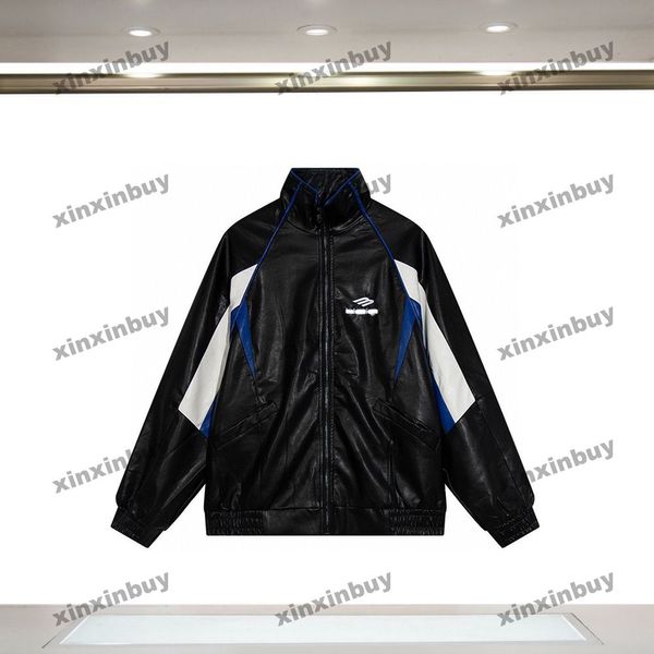 xinxinbuy Cappotto da uomo firmato Giacca in pelle Parigi Lettera ricamo manica lunga da donna Nero Blu scuro marrone XS-L