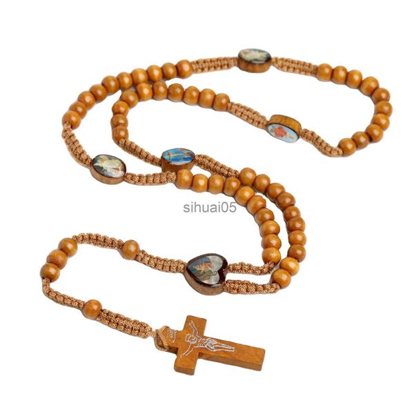 Anhänger Halsketten Religiöser Schmuck Kreuz Jesus Anhänger Rosenkranz Halskette Naturholz Handgewebte Holzperlen Jerusalem Katholischer Schmuck x1009