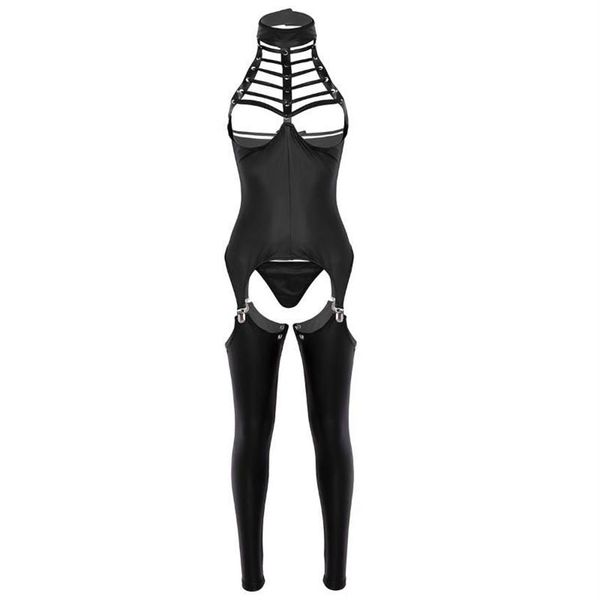 3 pçs feminino aberto virilha lingerie conjunto halter pescoço busto sutiã crotchless couro patente erótico sexy terno cosplay bodysuit outfit sutiãs s334a