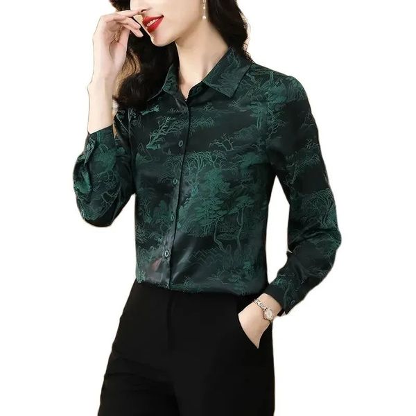Винтажная модная жаккардовая зеленая блузка с длинным рукавом, женская дизайнерская шелковая атласная рубашка 2023, офисная леди, осень-зима, классическая повседневная рубашка с лацканами на пуговицах, топы на подиуме