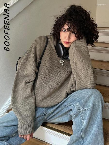 Felpe con cappuccio da donna BOOFEENAA Felpe grafiche con cappuccio lavorato a maglia maglione grigio allentato pullover autunno inverno abbigliamento donna Casual manica lunga