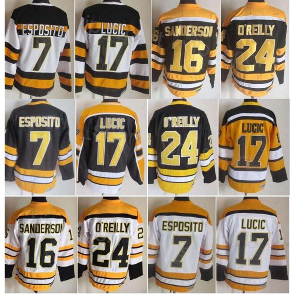 CCM Hockey Retro 75 Anniversary 17 Milan Lucic Jerseys Retired 24 Terry OReilly 7 Phil Esposito 16 Derek Sanderson Vintage Classic Black White Yellow Stitching Mans