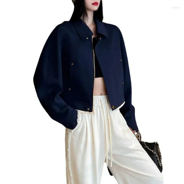Damenjacken Damen Wollmischung Chic Herbst Luxus Sinn Lässige Mode Mäntel Anzüge Revers Kleidung Marineblau Tops Büro Dame Reißverschluss
