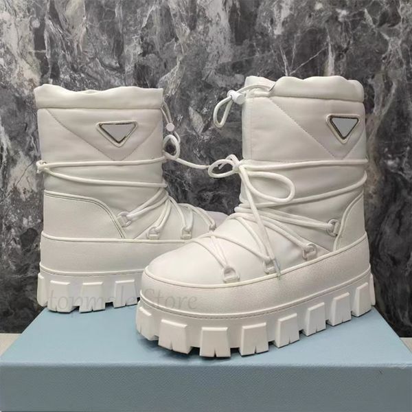 Botas de esqui de luxo nylon gabardine designer botas de neve com cordão de cordão removível feminino chunky bootie inferior redondo dedo sapatos de renda para cima