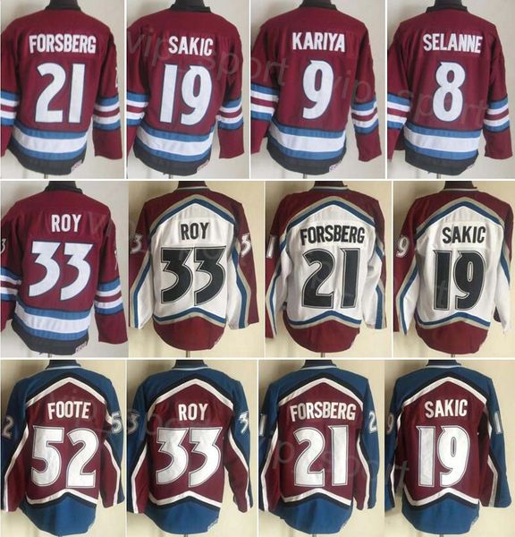 CCM Hóquei Retro 21 Peter Forsberg Jersey Retire 19 Joe Sakic 33 Patrick Roy 8 Teemu Selanne 9 Paul Kariya 52 Adam Foote Vintage Clássico Costurado Respirável Vermelho Branco