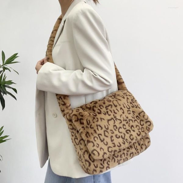 Вечерние сумки, зимняя мягкая плюшевая женская сумка-мессенджер с леопардовым принтом, пушистая сумка на плечо для девочек, большая вместительная сумка-тоут из искусственного меха, сумки