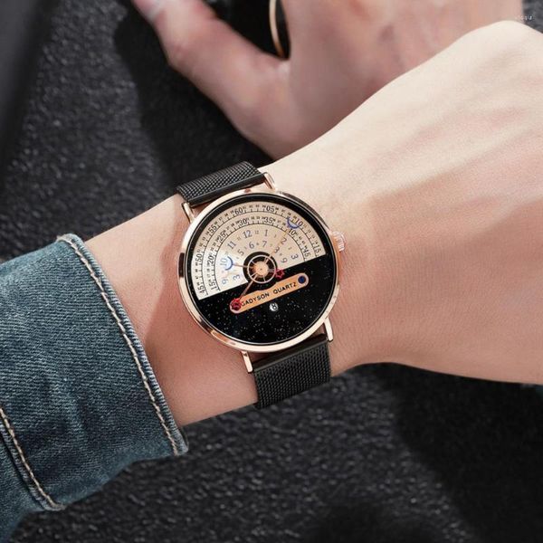 Relógios de pulso Relógio de pulseira de metal elegante relógio de pulso de quartzo masculino cor correspondência meia roleta data exibição impressão impermeável alta precisão