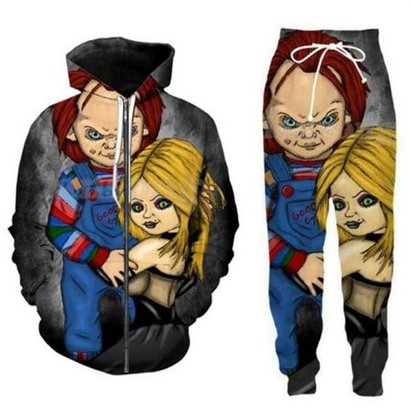 Sudadera con capucha y pantalones de la película de terror Chucky para hombre y mujer, chándales con estampado 3D divertido de dos piezas, PJ05343o, novedad de 2021
