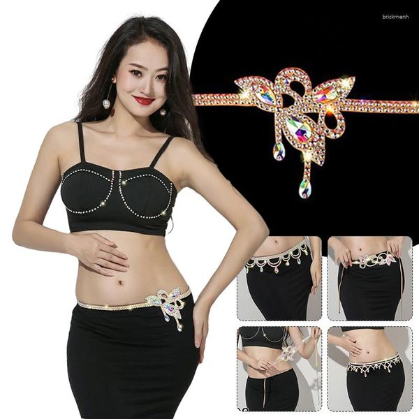 Bühnenbekleidung Frauen Strassgürtel glänzende Kristall Taille Sparkle Bauch Tanzketten Körper Schmuck Kostüm Zubehör