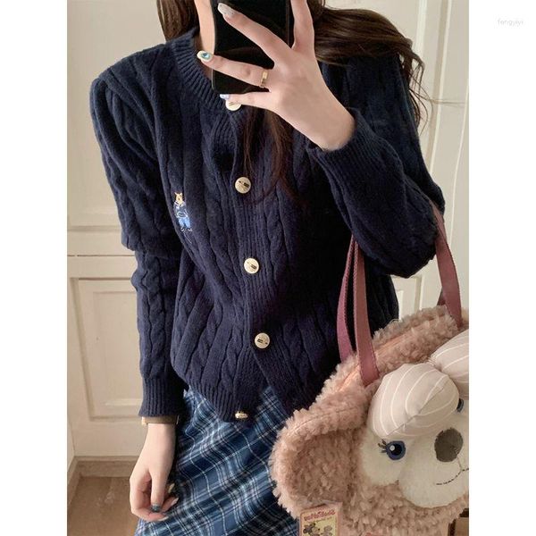 Damen Strick Deeptown Vintage Kawaii Strickjacke Damen Preppy Koreanische Mode Herbstpullover Ästhetische Stickerei Old Money Style Pullover