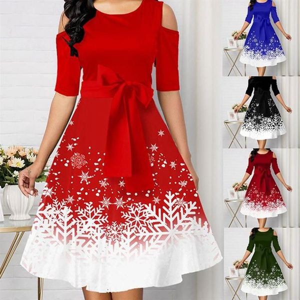 Lässige Kleider Rotes Kleid Frauen 2021 Gürtel Schneeflocke Druck Kalte Schulter Rundhalsausschnitt Plus Größe Mode Damen Weihnachten Party3080