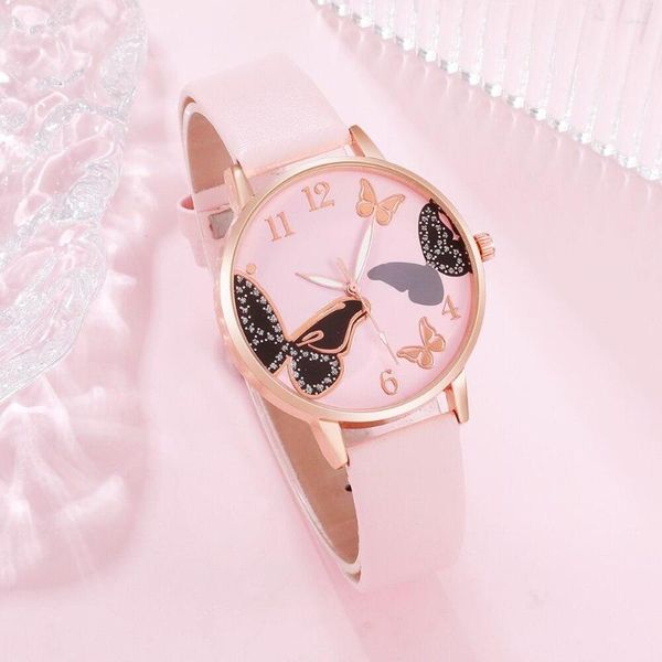 Bilek saatleri 6pcs Set Kadın Kelebek Dial Watch Marka Tasarım Kadın Saat Pembe Deri Band Bayanlar Moda Günlük Kuvars