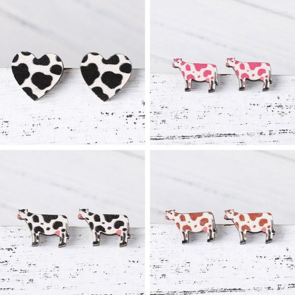 Ohrstecker Vintage Rosa Leopardenmuster Herz Für Frauen Mode Niedliche Milchkuh Holz Mädchen Ohrring Kawaii Lustiges Schmuck Geschenk