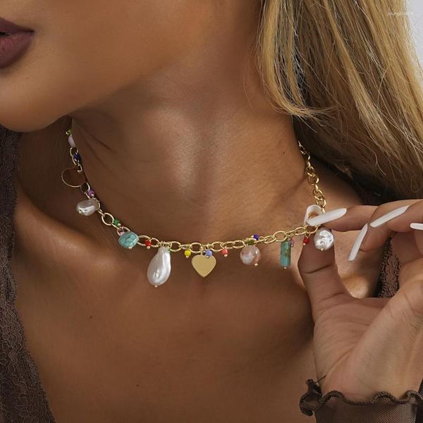 Anhänger Halsketten Retro Bunte Naturstein Shell Reis Perlen Halskette Für Frauen Einfache Damen Geburtstag Party Geschenk Schmuck Großhandel