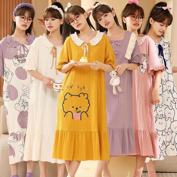 Indumenti da notte delle donne 2023 Estate Plus Size Manica corta Camicie da notte in cotone per le donne Coreano Cute Cartoon Camicia da notte Camicia da notte Abito a casa Nighty