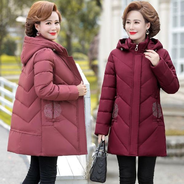 Trench da donna Abiti invernali Donna Madre Signore di mezza età e anziane Plus Velluto spesso con cappuccio Cappotto in cotone di colore puro Donna Parka