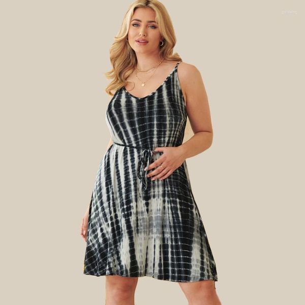 Vestidos plus size verão elegante tie-dye vestido sexy decote em v preto e branco linha a cintura grande cami para qualquer ocasião