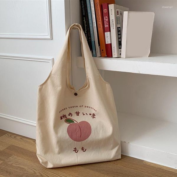 Abendtaschen, pfirsichfarbene Canvas-Einkaufstasche, Geldbörsen und Handtaschen für Frauen, Einkaufen, niedliches Design, Schultertasche im japanischen Stil, bedruckt, umweltfreundlich