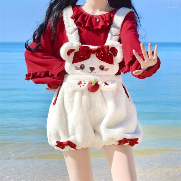 Pantaloncini da donna Salopette in peluche Kawaii Lolita giapponese da donna Pantaloni corti alla fragola con orsetto carino Bloomers con fiocco Abbigliamento femminile Y2k