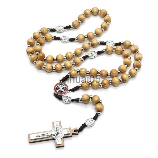 Anhänger-Halsketten, Holzperlen, Rosenkranz-Halskette, Kreuz-Anhänger-Halskette, katholischer Jesus Christus, Kirche, Büro, Zuhause, religiöser Schmuck, Auto-Anhänger x1009