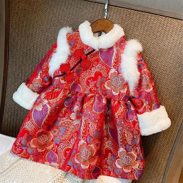 Vestidos da menina bebê menina vestido inverno 2021 ano tang-suit crianças crianças roupas meninas acolchoadas vermelho hanfu estilo chinês cheongs316z