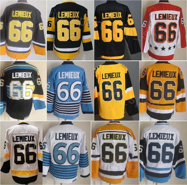 CCM Hockey Retro 66 Lemieux Vintage Jersey Retire Clássico Bordado e Costura Algodão Puro Para Fãs Esportivos Pulôver Equipe Preto Branco Azul Amarelo Respirável Alto