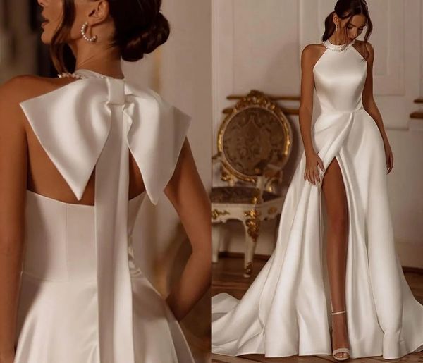 Modern 2024 A-Line Gelinlik Yular Boyun Yay Seksi İnciler Yan Saten Prenses Gelin Gelin Gowns Robe de Mariee Vestidos de Novia