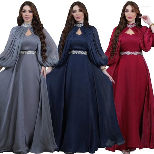 Roupas étnicas Médio Oriente Muçulmano Mulheres Vestidos de Duas Peças Diamante Moda Cetim Robe Abaya Mangas Compridas Xale Elegante Vestidos de Noite