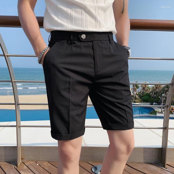 Shorts masculinos vestido calças na altura do joelho cor sólida micro-elástico sob medida ajuste preto branco cinza 2023 S-2XL