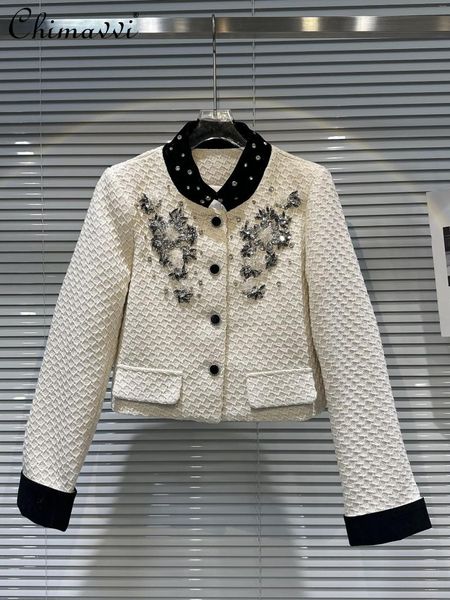 Giacche da donna Giacca Abiti autunnali Moda di lusso Strass Fiore Perline Colletto in velluto Cappotto Manica lunga Elegante