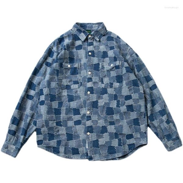 Männer Casual Hemden Herbst Japanische Patch Plaid Visuelle Druck Denim Hemd Cityboy Lose Typ Langarm Mantel Mode