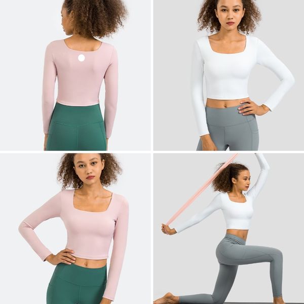 LU-3008 Женская тонкая одежда для йоги с длинным рукавом и квадратным вырезом Спортивные рубашки Топ для фитнеса Женская однотонная футболка для йоги с накладкой на грудь
